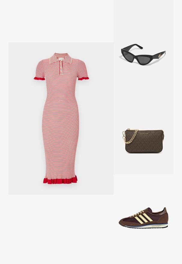 Rød og hvitstripet polo-kjole med korte ermer, med ribbet tekstur og volanger på ermene og nederkanten. Fem-knappsklaff.; Brune og burgunder sneakers i semsket og mesh-materiale, med tre kremfargede striper, teksturert stoff på tungen, og en gummisåle.; Kattøye solbriller med ramme i matt svart plast, mørke linser og en gull logoaccent på stangen. Vinklet design og jevn tekstur.; Brun lærkorspose med logo mønster, gullkjede strop, glidelåslukking og gullfarge detaljer. Kompakt og rektangulær form.
