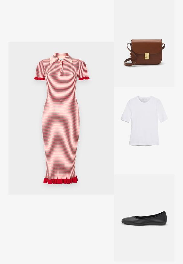 Punainen ja valkoinen raidallinen polo-mekko lyhyillä hihoilla, jossa on ribbitekstuuri ja röyhelökoristeet hihoissa ja helmassa. Viiden napin nappilista.; Valkoinen lyhythihainen t-paita, joka on valmistettu ribbytedusta kankaasta. Pyöreä pääntiie, normaali istuvuus ja hienovaraiset ompeluyksityiskohdat. Ei kuvioita tai grafiikkaa.; Musta nahkainen ballerina, jossa on pyöristetty kärki, sileä pinta, minimaalinen ommelkoristelu ja joustava pohjamuotoilu.; Ruskea nahkainen käsilaukku, jossa on läppäkiinnitys, kultasävyiset yksityiskohdat, olkahihna ja sileä pinta. Kompaktin suorakaiteen muotoinen.