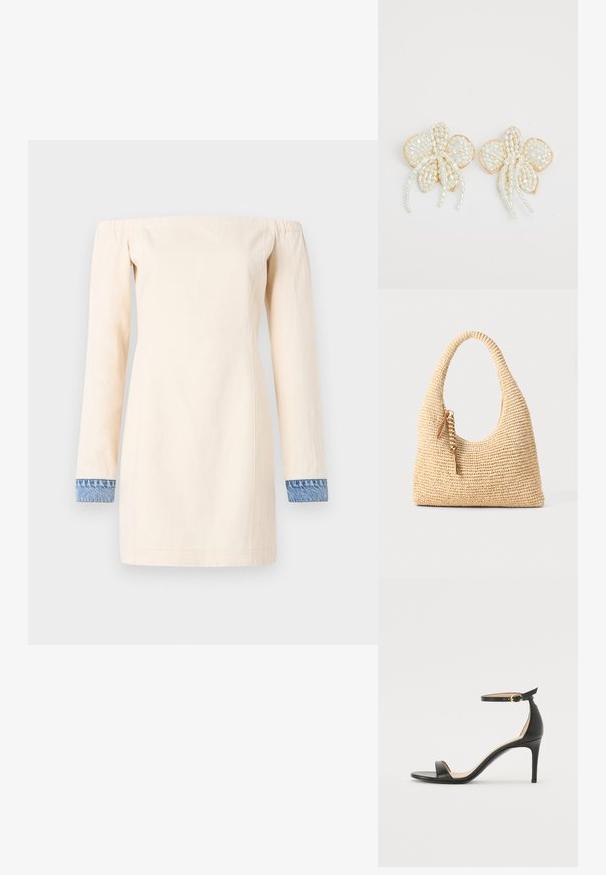 Grietinė balta medvilninė suknelė be petnešų, su ilgomis rankovėmis ir džinsinėmis apykaklėmis. Paprasta siluetas su tiesiu kirpimu, iki vidurio šlaunų.; Juodos oda aukštakulniai sandalai su kulkšnies dirželiu. Pasižymi lygiu paviršiumi, atviru pirštu ir plonu kulnu. Auksinės spalvos sagties detalė.; Audimo šviesiai rudos spalvos rankinė su išlenkta rankena, tekstūruotu paviršiumi ir ruda kutu. Yra laisva, hobo forma.; Perlo gėlių auskarai su auksiniais akcentais. Kiekviena žiedlapio dalis puošia mažos, apvalios perlo formos, išdėstytos gėlių raštu, su nukarusiais perlų akcentais.