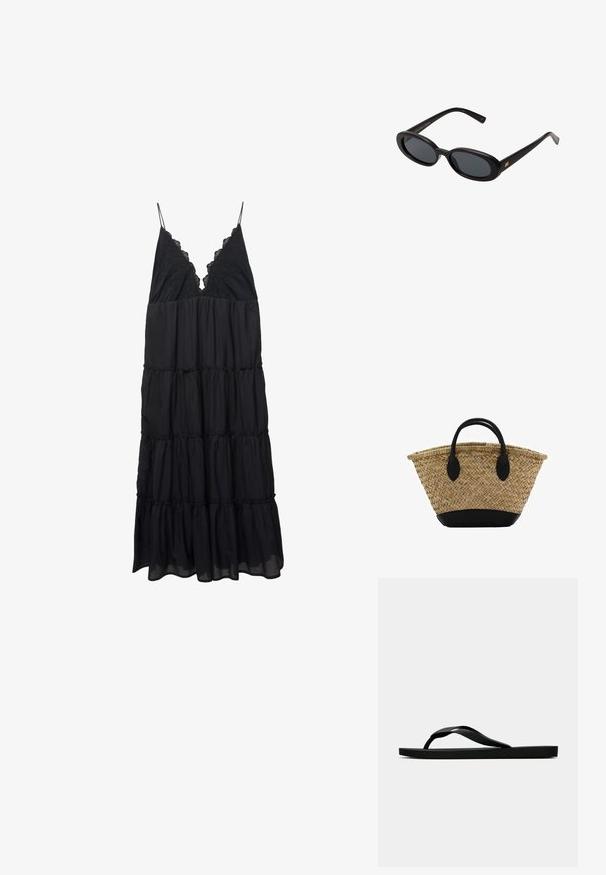 Schwarzes, gestuftes Kleid aus leichtem Stoff, mit einem V-Ausschnitt und dünnen Trägern, die mit Spitze verziert sind. Fließend mit geschichteten Rüschen am Saum.; Schwarze Gummi-Flip-Flop-Sandale mit einem strukturierten Riemen und einfacher flacher Sohle, von der Seite auf einem schlichten hellen Hintergrund dargestellt.; Schwarze, oversized Sonnenbrillen mit ovalen Gläsern, glattem Kunststoffrahmen und goldenen Akzenten an den Bügeln. Die dunklen Gläser bieten Sonnenschutz.; Geflochtener Strohkorb mit einer ausgestellten Form, ausgestattet mit einem schwarzen Lederboden und -griffen. Strukturierte natürliche Fasern mit glatten schwarzen Akzenten.