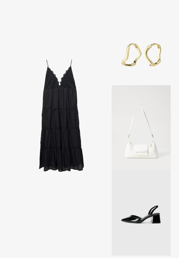 Zwarte, gelaagde jurk van lichtgewicht stof, met een V-hals afgewerkt met kant en dunne bandjes. Vloeiend met gelaagde ruffles aan de zoom.; Zwarte gepatineerde leren slingback hakken met een spitse neus en een geometrische blokhak. Kenmerkt zich door een slank, minimalistisch ontwerp en een gladde textuur.; Witte synthetische handtas met een driehoekige vorm, platte voorklep en strikdetail, verstelbare schouderriem, gladde textuur en minimalistisch ontwerp.; Gouden creolen met een vloeiende, golvende vorm. Glad oppervlak, open ontwerp en geen zichtbare sluitingen. Minimalistische en moderne uitstraling.