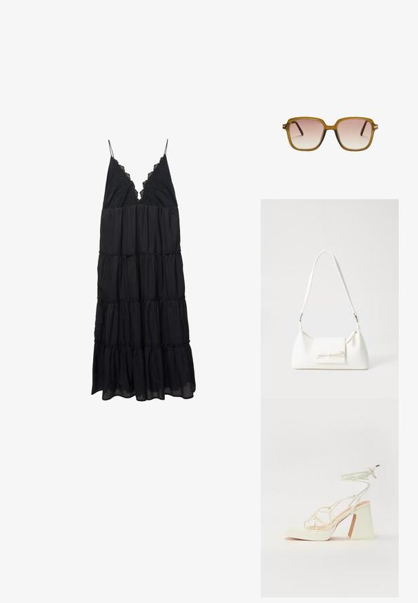 Czarna sukienka w warstwy, wykonana z lekkiego materiału, z dekoltem w serek ozdobionym koronką i cienkimi ramiączkami. Lekka, z falbanami na końcu.; Biała sandał na wysokim obcasie z masywnym słupkiem, z paskowym wzorem i wiązaniem przy kostce. Gładka faktura z platformą z przodu dla dodatkowej wysokości.; Kwadratowe okulary przeciwsłoneczne z jasnobrązową przezroczystą oprawą, gradientowymi różowymi soczewkami i ciemnoczekoladowymi zausznikami. Minimalistyczny design z subtelnymi akcentami sprzętowymi.; Biała syntetyczna torba o trójkątnym kształcie, płaskim przednim klapce i detalach w postaci kokardy, regulowanym pasku, gładkiej fakturze oraz minimalistycznym designie.