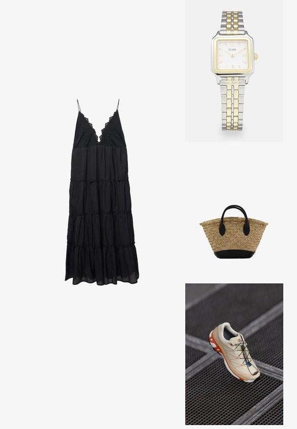 Schwarzes, gestuftes Kleid aus leichtem Stoff, mit einem V-Ausschnitt und dünnen Trägern, die mit Spitze verziert sind. Fließend mit geschichteten Rüschen am Saum.; Beige Laufschuh mit orangefarbenen Akzenten, entworfen mit einem strukturierten Obermaterial, schwarzem Außensohlen und integriertem Schnürsystem. Verfügt über GORE-TEX-Branding.; Geflochtener Strohkorb mit einer ausgestellten Form, ausgestattet mit einem schwarzen Lederboden und -griffen. Strukturierte natürliche Fasern mit glatten schwarzen Akzenten.; Quadratische Cluse-Uhr mit weißem Zifferblatt, goldenen und silbernen Akzenten sowie einem Bicolor-Armband mit wechselnden goldenen und silbernen Gliedern.