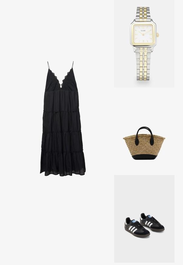 Czarna sukienka w warstwy, wykonana z lekkiego materiału, z dekoltem w serek ozdobionym koronką i cienkimi ramiączkami. Lekka, z falbanami na końcu.; Czarne sneakersy z zamszową i syntetyczną cholewką, wyposażone w trzy białe paski, teksturowaną gumową podeszwę oraz niebieską metkę z logo na języku.; Wykonana z plecionej słomy koszyk o rozszerzającym się kształcie, z czarną skórzaną podstawą i uchwytami. Teksturowane naturalne włókna z gładkimi czarnymi akcentami.; Kwadratowy zegarek Cluse z białą tarczą, złotymi i srebrnymi akcentami oraz bi-metalową bransoletą z naprzemiennymi złotymi i srebrnymi ogniwami.