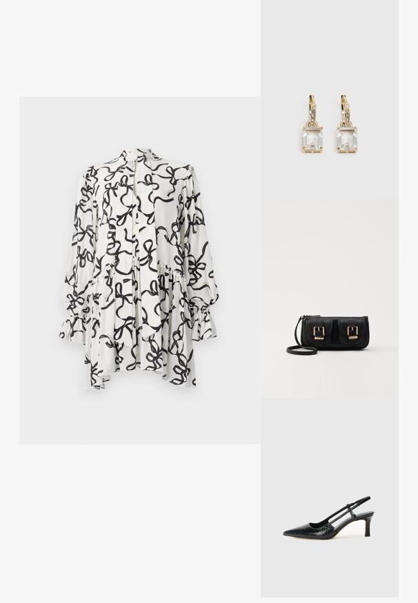 Fehér blúz fekete absztrakt szalagmintával, hosszú ujjak rugalmas mandzsettával, gombos záródás, és laza, réteges kialakítás.; Fekete lakk slingback sarok, hegyes orral, texturált kígyómintával, állítható pánttal és rövid, texturált tömbsarkal.; Fekete bőr keresztbody táska két elülső zsebbel, arany csattokkal, cipzáras záródással és vékony pánttal. Textúrált felület és kompakt téglalap alak.; Aranyszínű fülbevalók, melyek egy téglalap alakú, tiszta kristállyal díszítették, ami egy sor kis, kerek, tiszta kiegészítő alatt lóg. Letisztult, modern dizájn.