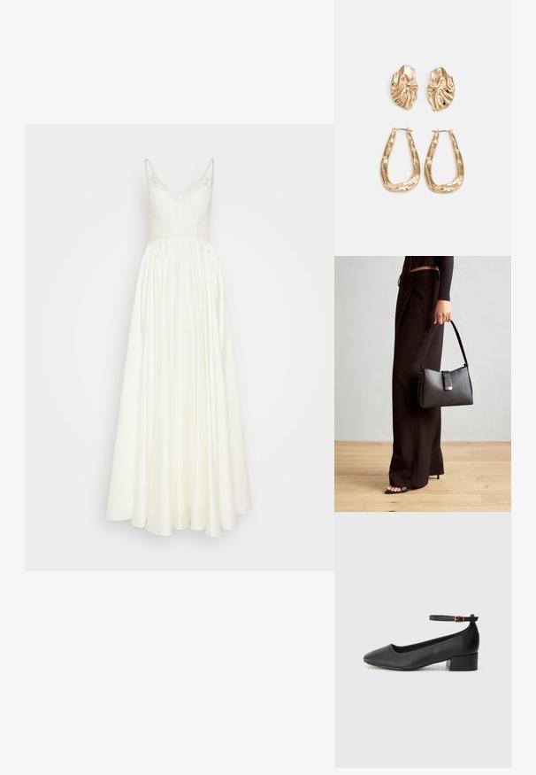 Fehér ruha testhez simuló csipke felsőrész és lágy szatén szoknya. Vékony pántokkal és bonyolult csipke díszítéssel a nyakvonalnál.; Fekete bőr magassarkú cipő hegyes orral és alacsony tömb sarkal. Bokapánttal rendelkezik, aranyszínű csattal. Simább textúra.; Fekete kézi táska strukturált formával, sima textúrával és fémből készült záródással. Széles fekete nadrággal és nyitott orrú szandállal párosítva, fából készült padlón.; Aranyszínű fülbevalók, texturált, hullámos formákkal. Tartalmazza a szobrászati klipszes studokat és az open hoop kialakítást, kalapácsos felülettel.