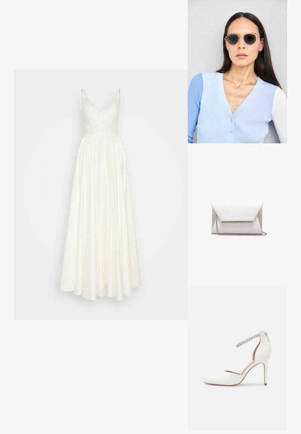 Balta suknelė su prigludusia nėrinių korsetu ir skaidria satino sijonu. Savybė – plonos petnešos ir sudėtingi nėrinių akcentai iškirptėje.; Baldiniai aukštakulniai batai su smailiu noseliu, pagaminti iš odos, su reguliuojama kulkšnies juosta, papuošta deimantais, ir plonu stileto kulnu.; Apskriti saulės akiniai su tamsiais objektyvais ir auksiniais rėmeliais. Modelis vilki šviesiai mėlyną, raukinį kardiganą su mygtukais ir kontrastingomis baltomis rankovėmis.; Balta voko dėklas, pagamintas iš lygios odos, su sidabrine grandinėlės dirželiu ir metaliniu akcentu priekyje. Minimalistinis dizainas ir trikampio forma.