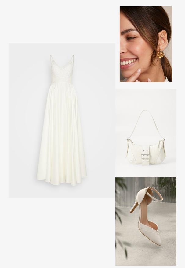 Balta svārku kleita ar pieguļošu mežģīņu bodī un plūstošu satīna svārku. Iezīmējas ar plānām siksnām un sarežģītu mežģīņu apdari ap kaklu.; Balta augstpapēžu kurpe gludā materiālā ar smailu purngalu un potītes siksniņu. Iekšpuse ir gaiši brūna, un ir zelta tonī detalizējumi.; Balts plecu soma ar teksturētu apdari, centrālu sprādzi un izliekta forma. Ražota ar rāvējslēdzēja aizdares abās pusēs.; Zeltaini auskari ar savstarpēji savienotiem apļveida dizainiem ar pulētu apdari, uz neitrāla fona.