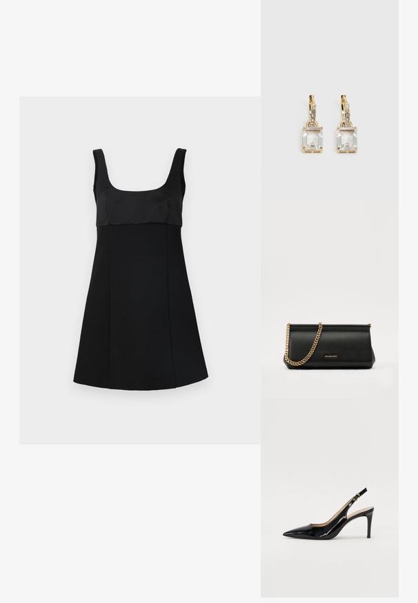 Fekete ruha négyzet alakú nyakkivágással, szűkített felsőrésszel és A-vonalú sziluettel. Simább anyagból készült, letisztult, minimalista dizájnnal.; Fekete lakk bőr kötött magassarkú cipő, hegyes orral és karcsú sarokkal, finom kivágásos dizájnnal. Az övön arany csatt található.; Fekete bőr kisméretű táska arany lánccal, sima felülettel, téglalap alakú, és dombornyomott márkázással az elején.; Aranyszínű fülbevalók, melyek egy téglalap alakú, tiszta kristállyal díszítették, ami egy sor kis, kerek, tiszta kiegészítő alatt lóg. Letisztult, modern dizájn.