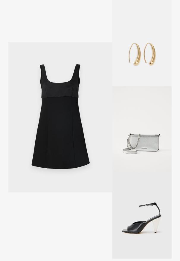 Mustapuku, jossa on neliönmuotoinen kaula-aukko, varustettu istuvalla yläosalla ja A-linjaisella siluetilla. Valmistettu sileästä kankaasta, jossa on tyylikäs, minimalistinen muotoilu.; Mustat nahkaiset korkokengät avonaisella varpaalla, epäsymmetrinen muotoilu, nilkkaremmi ja metallinen kartiomallinen korko. Tasainen pinta kauttaaltaan.; Hopeinen nahkainen olkalaukku, jossa on tekstuuri, ketju- ja hihnapainatukset sekä vetoketjukiinnitys. Edessä on logo.; Korvakorut kultasävytteistä metallista, joissa on kaareva, pitkänomainen muoto. Ominaisuuksiin kuuluu sileä, kiiltävä pinta ja pyöreä kärki lisäyksinä.
