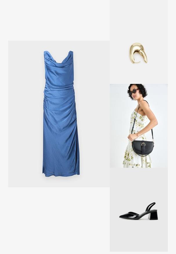 Robe en satin bleu avec un décolleté drapé et des fronces sur les côtés. Présente une silhouette ajustée et une longueur mi-mollet avec une légère fente.; Escarpins en cuir verni noir avec bout pointu et talon bloc géométrique. Présente un design élégant et minimaliste ainsi qu'une texture lisse.; Sac à main en cuir noir avec une forme courbée, bandoulière amovible et des accessoires en or. Le sac est doté d'un rabat avec un détail de boucle.; Boucle d'oreille en métal doré avec un design élégant et courbé. Présente une forme conique distinctive, une surface polie et une fermeture à charnière.