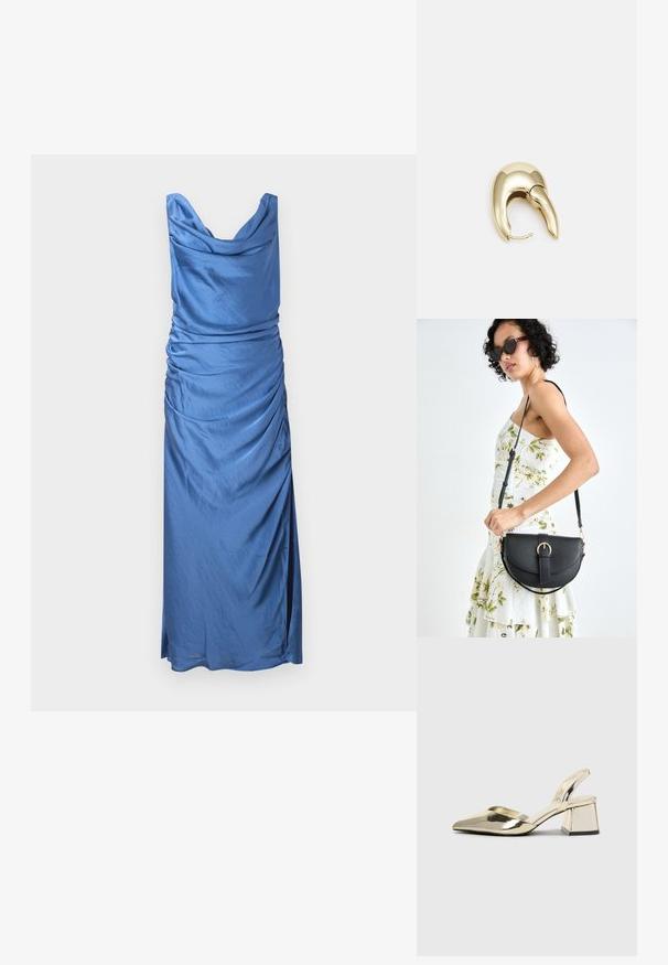 Satin blue dress with a cowl neckline and side ruching. Features a fitted silhouette and a mid-length hem with a slight slit.; Gold, metallic slingback heels with a pointed toe and chunky heel. Smooth texture, minimalistic design, and a narrow strap.; Black leather handbag with a curved shape, detachable strap, and gold hardware. The bag features a flap with a buckle detail.; Gold-tone metal earring with a sleek, curved design. Features a distinctive pointed shape, polished surface, and hinge closure.