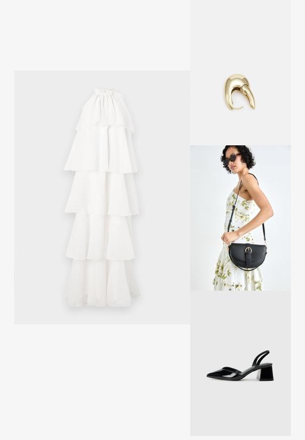 Rochie albă în straturi, realizată dintr-un material ușor. Aceasta are un decolteu halter și mai multe straturi volăntate, creând o siluetă fluidă.; Pantofi cu toc slingback din piele lacuită neagră, cu vârf ascuțit și toc geometric. Prezintă un design elegant, minimalist și o textură netedă.; Geantă din piele neagră, cu o formă curbată, curea detașabilă și accesorii aurii. Geanta are un capac cu un detaliu tip cataramă.; Cercei din metal de culoare aurie cu un design elegant și curbat. Prezintă o formă distinctivă, ascuțită, o suprafață lustruită și un sistem de închidere cu balama.