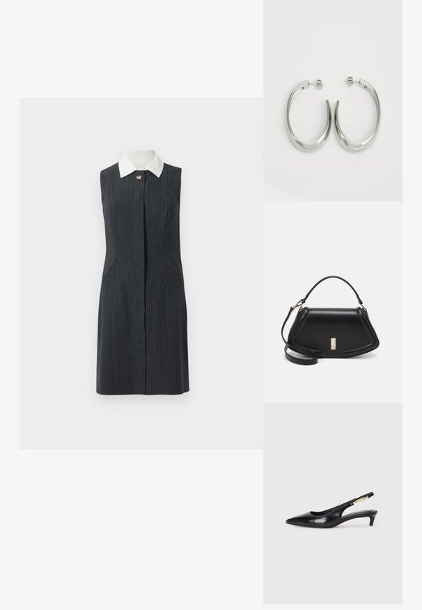 Grau gestreiftes ärmelloses Kleid mit weißem Kragen, mit einer Frontöffnung und zwei Seitentaschen, hergestellt aus einem glatten Stoff.; Schwarze Leder-Slingback-Pumps mit spitzem Schuhblatt, ausgestattet mit einem schlanken Absatz und einem goldfarbigen Akzent am verstellbaren Riemen. Glatte Textur.; Schwarze Lederhandtasche mit einem strukturierten Design, das eine verkürzte Form, einen oberen Griff und goldfarbene Hardware-Details aufweist. Verstellbarer Schulterriemen ist enthalten.; Silberne Creolen mit einem glatten, geschwungenen Design. Mit einem glänzenden metallischen Finish und Steckverschluss. Keine sichtbaren Muster oder Akzente.
