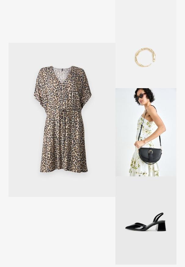 Šaty s leopardím vzorom z ľahkej tkaniny, s V-krkom, krátkymi krídlovými rukávmi, elastickým pásom a voľným strihom.; Čierne lakované kožené sandálové podpätky s špicatou špičkou a geometrickým blokovým podpätkom. Disponujú elegantným, minimalistickým dizajnom a hladkým povrchom.; Čierna kožená kabelka s zaobleným tvarom, odnímateľným popruhom a zlatými doplnkami. Kabelka má klopu s detailom s prackou.; Prsteň v zlatej farbe s organickým, skrúteným dizajnom, hladkým povrchom a zužujúcimi sa koncami, vytvárajúci moderný, sochársky vzhľad.