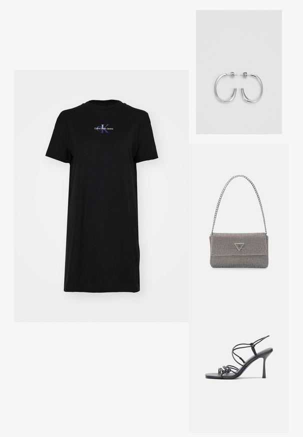 Fekete, pamutból készült póló, kerek nyakkivágással és rövid ujjaival. Az elején egy színes logó látható, rajta a "Calvin Klein Jeans" felirattal.; Fekete magas sarkú szandálok vékony pántokkal, csomózott mintával, sima négyzetes orral és karcsú stiletto sarkal rendelkeznek.; Világosszürke fémes kézitáska lánc pánttal, kis kör alakú fém kifinomult díszítéssel és háromszög alakú márkagéppel.; Ezüst karika fülbevalók sima, fényes felülettel. Lekerekített forma, könnyű kialakítással, tűs zárómechanizmussal.