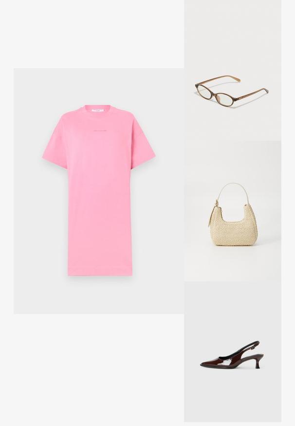 Rožinė medvilninė marškinė su trumpomis rankovėmis, laisvas siluetas, apvalus kaklo iškirpimas ir minimalistiškai įspaustas tekstas centre. Paprastas dizainas, vienspalvis.; Rudos lakuoti odiniai slingback batai su smailiu pirštu ir vidutinio aukščio kulnu. Yra sagties dirželis, užtikrinantis tvirtą prigludimą. Lygus paviršius.; Rudos aukso dėklai su ovaliais lęšiais, plonomis kojelėmis ir skaidriais akcentais. Ant šventyklos yra subtilus logotipas. Plonas, lengvas dizainas.; Aukšta pintinė rankinė iš šiaudų, šviesiai rudos spalvos, su išlenkta forma, trumpa rankena ir šoniniu užtrauktuku. Pasižymi tekstūruota paviršiumi ir minimalistiniu dizainu.