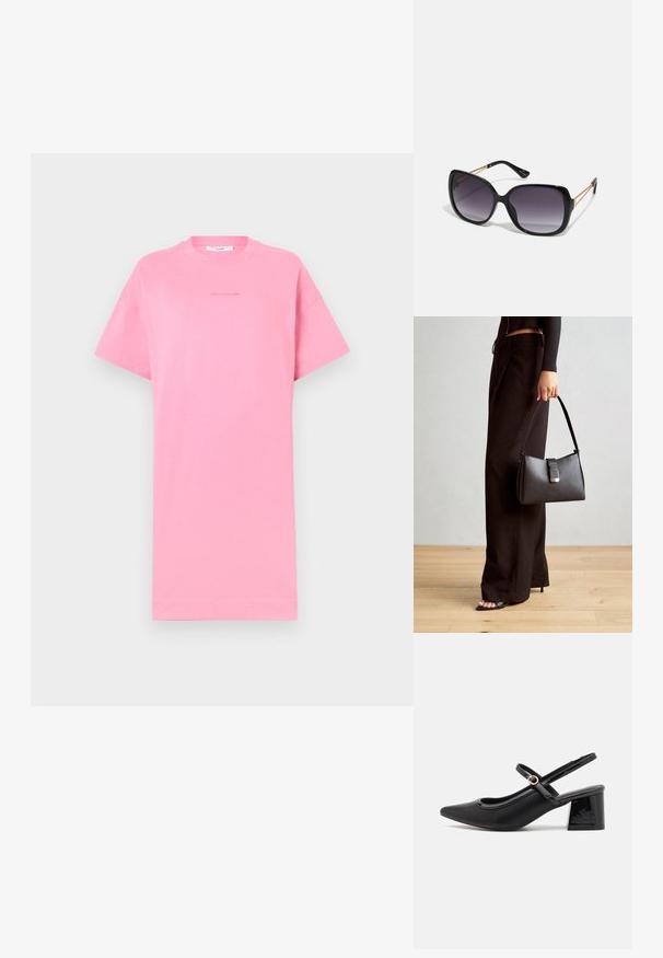 Růžové bavlněné tričko s krátkým rukávem, volný střih, kulatý výstřih a minimalistický textový detail uprostřed. Jednoduchý design, jednobarevné.; Černé lakované lodičky s otevřenou patou, špičatou špičkou, zaobleným střihem a blokovým podpatkem. Zdobené akcentem v zlatém tónu.; Černé oversized sluneční brýle se gradientními skly, silnými rámy a zlatými řetízkovými detaily na nožičkách.; Černá kabelka se strukturovaným tvarem, hladkým povrchem a kovovým uzávěrem. Kombinována s širokými černými kalhotami a sandály s otevřenou špičkou na dřevěné podlaze.