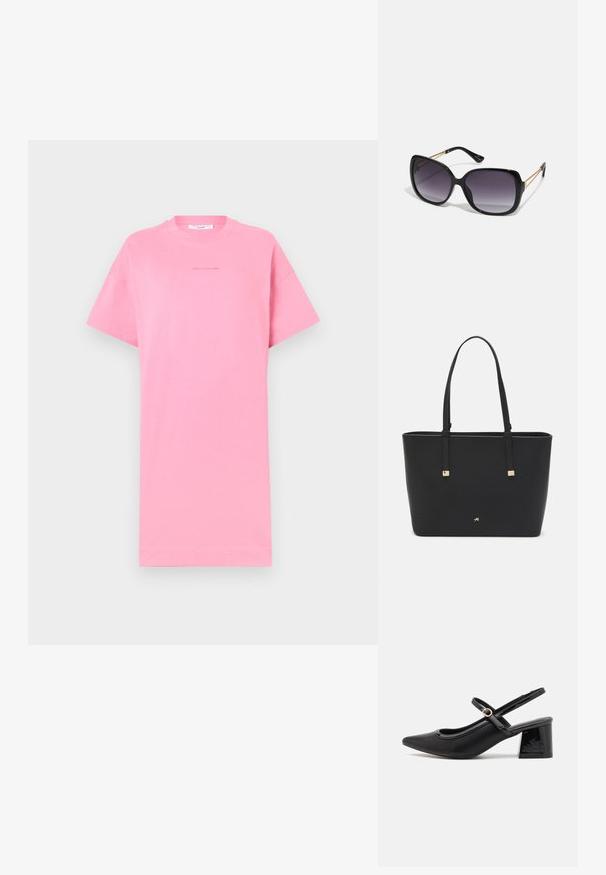 Tricou din bumbac roz, cu mâneci scurte, croială lejeră, decolteu rotund și detalii de text minimaliste în centru. Design simplu, culoare uniformă.; Cizme cu toc slingback din piele sintetică lacuită neagră, cu vârful ascuțit, un design cu decupaj rotunjit și toc bloc. Include un accent cu cataramă de culoare aurie.; Ochelari de soare negri, supradimensionați, cu lentile degradate, rame groase și detalii cu lanț de ton auriu pe brațele templului.; Pungă tote neagră, fabricată din material sintetic, având un design simplu rectangular, accente aurii pătrate și mânere duble.