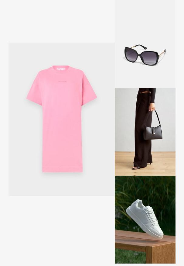 Roosa puuvillane T-särk lühikeste varrukatega, mugav istuvus, ümmargune krae ja minimalistlik tekstidetail keskel. Lihtne disain, ühtlane värv.; Valged sneakerd, millel on sile sünteetiline ülemine osa, väikeste aukudega varvaskast, lamedad paelad ja tekstuuriga tald, eksponeeritud puidust pinnal.; Mustad ümarad päikeseglaasid, millel on gradient objektiivid, paksud raamid ja kuldse tooni kettaga kaunistused tempelitel.; Must musta kott, millel on struktureeritud kuju, sile tekstuur ja metallist klamber. Kombineeritud laiate mustade pükstega ja avatud varvaste sandaalidega puidust põrandal.