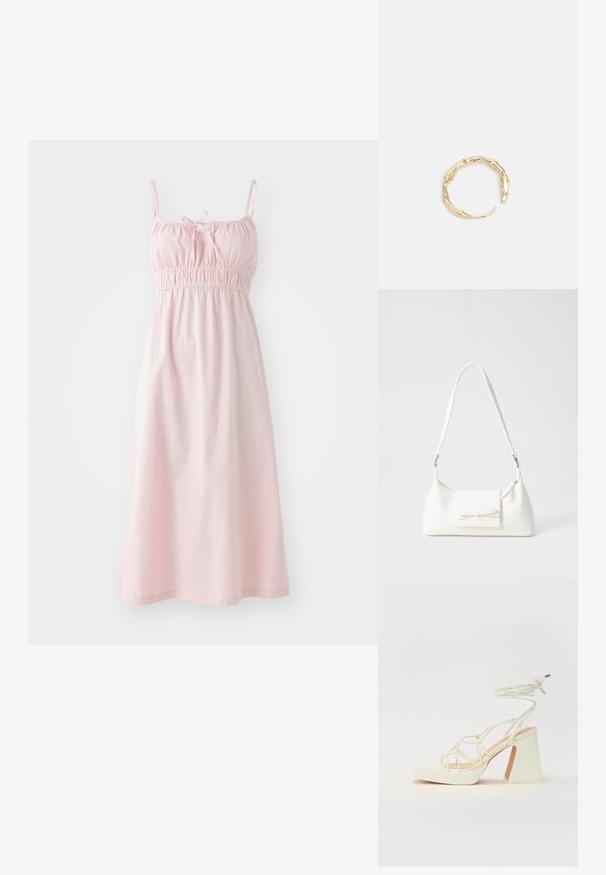 Vaaleanpunainen hihaton mekko, jossa on elastinen vyötärö, solmimis yksityiskohta kaula-aukossa sekä löysä, lentävä muotoilu. Valmistettu pehmeästä, teksturoidusta kankaasta.; Valkoinen korkokenkä, jossa on paksu korko, ja joka sisältää nauhakiinnityksen ja nilkkaketjun. Sujuva pinta, jossa on platform-etupohja lisäkorkeutta varten.; Valkoinen synteettinen käsilaukku, jossa on kolmikulmainen muoto, tasainen etu läppä ja nauhadetail, säädettävä olkahihna, sileä rakenne ja minimalinen muotoilu.; Kultaketju, jossa on orgaaninen, kierretty muotoilu, sileä pinta ja cappatut päät, luoden modernin, veistoksellisen ilmeen.