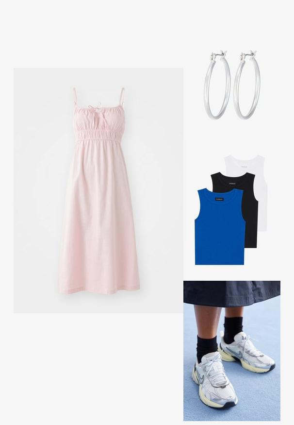 Helles rosafarbenes ärmelloses Kleid mit elastischem Bund, Bindegürtel am Ausschnitt und einem lockeren, fließenden Design. Hergestellt aus weichem, strukturiertem Stoff.; Drei ärmellose Hemden in Blau, Schwarz und Weiß. Der Stoff ist gerippt und hat einen runden Ausschnitt. Jedes Hemd hat ein Etikett mit der Aufschrift "even&odd".; Weiße und silberne Nike-Sneaker aus Mesh-Gewebe, mit reflektierenden Akzenten und einer beigen Sohle. Getragen mit schwarzen Socken und stehend auf einer blauen Fläche.; Silberne Creolen mit einer glatten, polierten Oberfläche. Runder Form und sicherem Klickverschluss. Leichtes Design, geeignet für den täglichen Gebrauch.