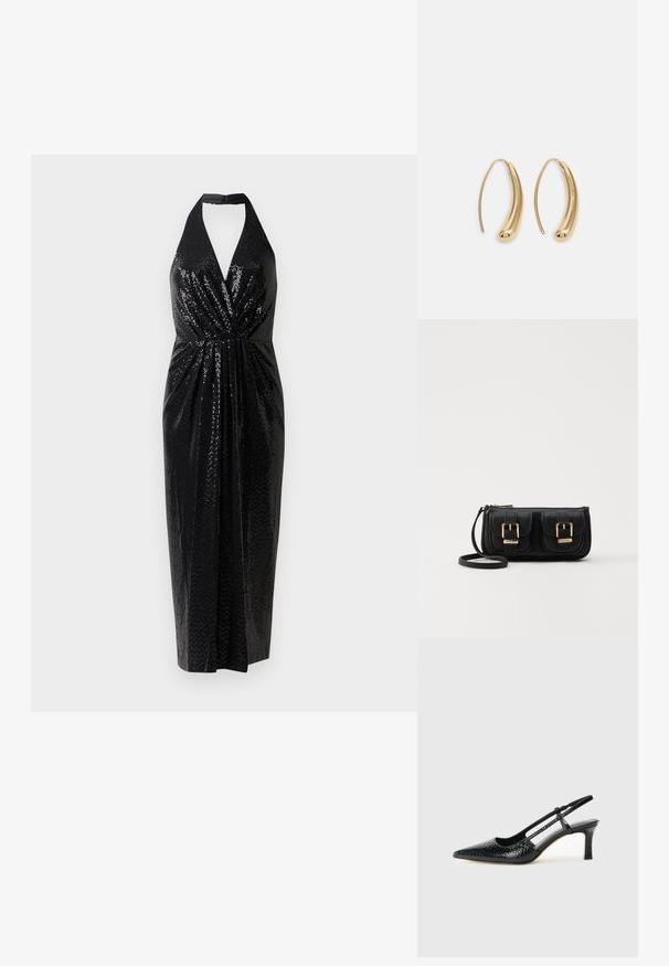 Svart halterklänning i paljettmaterial, med djup V-ringning, rynkad midja och en figursydd silhuett som slutar vid mitten av vaden.; Svart lackskin slingback-häl med spetsig tå, med texturerad ormskinnsprint, justerbar rem och en kort, texturerad blockklack.; Svart läderaxelväska med två framfickor, guldspännen, dragkedjestängning och en smal rem. Texturerad yta och kompakt rektangulär form.; Guldtonade metallörhängen i en kurvad, avlång form. Har en slät, glänsande yta och en rundad spets för en extra detalj.