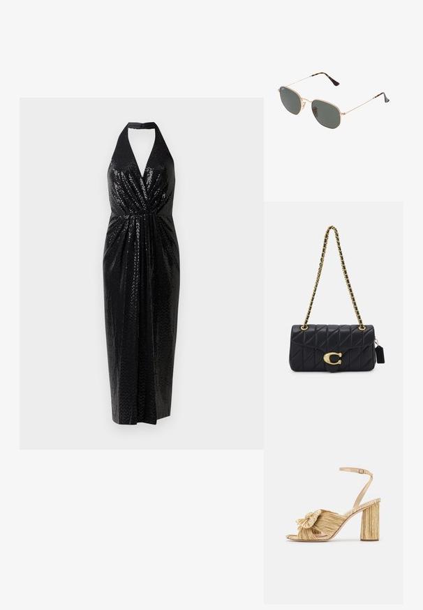 Rochie halter neagră din material cu paiete, având un decolteu adânc în V, talie strânsă și o siluetă ajustată care se termină la jumătatea gambei.; Sandale cu toc auriu, cu un front legat, textură plisată și curea la gleznă. Tocul bloc are un design cu nervuri, care îmbunătățește aderența.; Ochelari de soare cu ramă din metal auriu și lentile de culoare verde închis, stil aviator, cu brațe subțiri și accente din fâscă pe vârfuri.; Geantă neagră matlasată cu un umăr din lanț auriu, având un închizător auriu distinctiv și un etichetă mică, prezentând o suprafață din piele texturată.