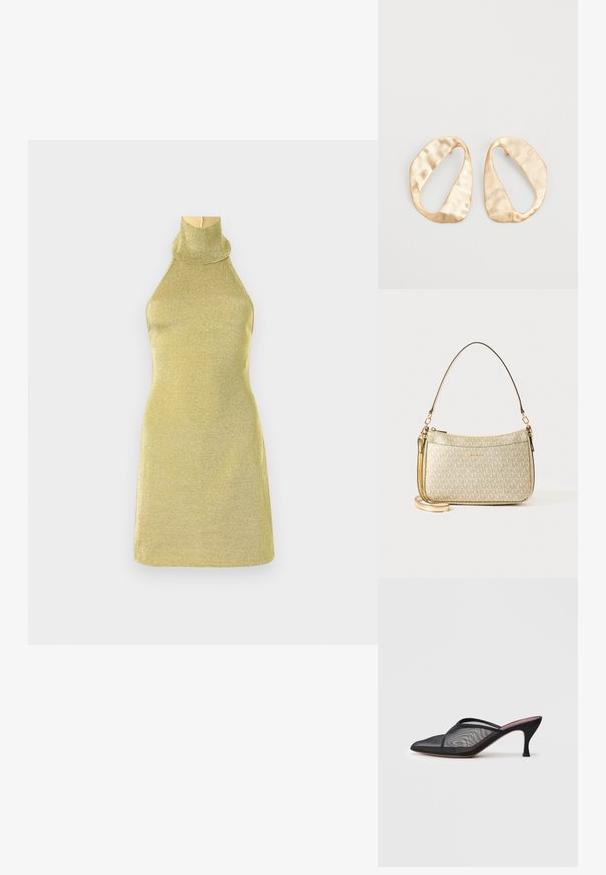 Metallist kuldne kudumistega ilma varrukateta kleit kõrge nupuga kaelusest. Kere kujutav disain sujuva tekstuuri ja minimalistliku kujuga.; Mustad mustridest muulid terava varbaga, õhukeste rihmadega ja 3-tollise stiilse kontsaga. Omab läbipaistvat tekstuuri ja ühtlast tooni tallat.; Kuldse tekstuuriga käekott, millel on sile nahkrihm, varustatud tõmblukuga ja õrna logo mustriga trükituna pinna peale.; Eba paar eba ebaorditud ovaalkujulisi kuldehhe kaal setertu, kerge keersuju  pinnaga valgel taustal.