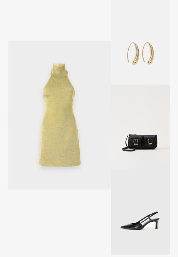 Pletené bezrukávové šaty v metalické zlaté barvě s vysokým stojáčkem. Tvarující design s hladkým povrchem a minimalistickým tvarem.; Černé lakované slingback podpatky s špičatou špičkou, zdobené texturovaným hadím vzorem, nastavovacím páskem a krátkým texturovaným blokovým podpatkem.; Černá kožená crossbody taška se dvěma předními kapsami, zlatými přezkami, zipovým uzávěrem a štíhlým popruhem. Texturovaný povrch a kompaktní obdélníkový tvar.; Náušnice ve tvaru kruhu z pozlaceného kovu s vroubkovaným, prodlouženým tvarem. Mají hladký, lesklý povrch a zaoblený konec pro zvýraznění detailu.