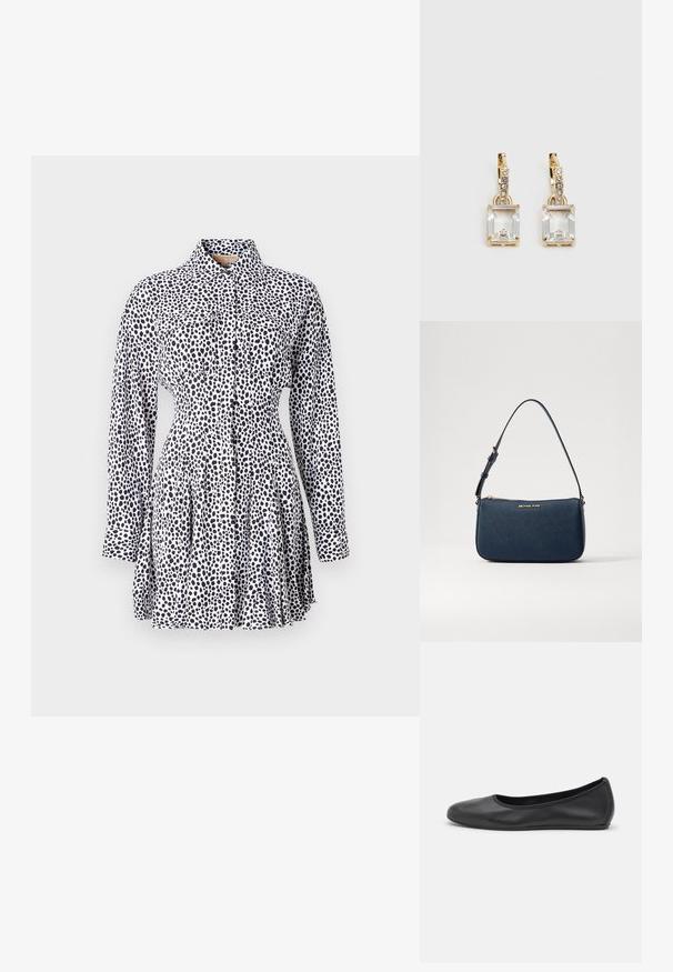 Vestido de botão em tecido branco com padrão de manchas pretas, apresentando mangas longas, cintura ajustada e saia plissada.; Bailarina preta em pele com bico arredondado, textura suave, detalhe de costura minimalista e design de sola flexível.; Bolsa de mão em sintético azul marinho com um logo em tom dourado, fecho zip, e alça de ombro ajustável, apresentando uma textura suave e formato retangular.; Brincos em tom de ouro com um cristal retangular claro pendurado abaixo de uma linha de pequenos acentos redondos claros. Design elegante e moderno.