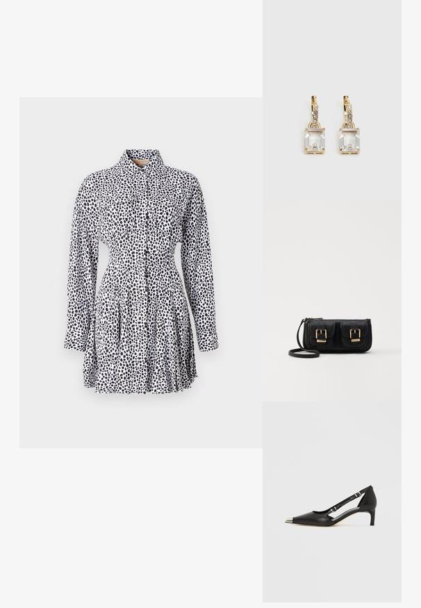 Knopjes jurk in witte stof met een zwart gespikkeld patroon, met lange mouwen, een getailleerde taille en een geplooide rok.; Zwart leren kittenhak met puntige zilveren neus en dubbele gespsluitingen op een witte achtergrond.; Zwarte leren schoudertas met twee vo pockets, gouden gespen, ritsluiting en een smalle band. Tekstuur oppervlak en compacte rechthoekige vorm.; Gouden oorbellen met een rechthoekige, heldere kristal die onder een rij kleine, ronde heldere accenten hangt. Strak, modern ontwerp.