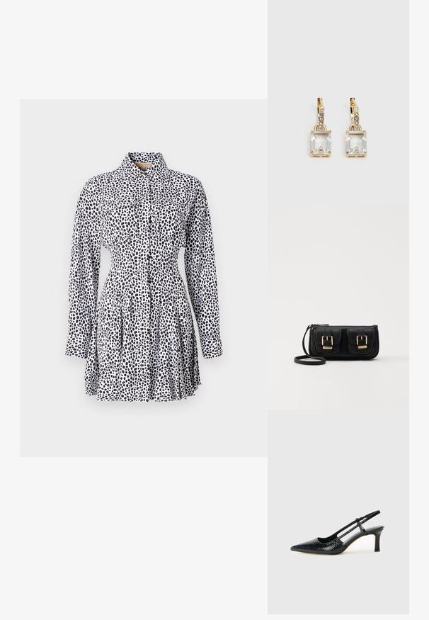 Košeľové šaty z bieleho materiálu s čiernym bodkovaným vzorom, dlhými rukávmi, priliehavým pásom a skladanou sukňou.; Čierne patentové slingback topánky na ihlovom podpätku s špicatou špičkou, s textúrovaným hadím vzorom, nastaviteľným popruhom a krátkym, textúrovaným blokovým podpätkom.; Čierna kožená crossbody taška s dvoma prednými vreckami, zlatými sponami, zipsovým uzatváraním a úzkym popruhom. Štruktúrovaný povrch a kompaktný obdĺžnikový tvar.; Náušnice v zlatej farbe, ktoré majú obdĺžnikový, transparentný kryštál visiaci pod radom malých, guľatých, čírych akcentov. Elegantný, moderný dizajn.