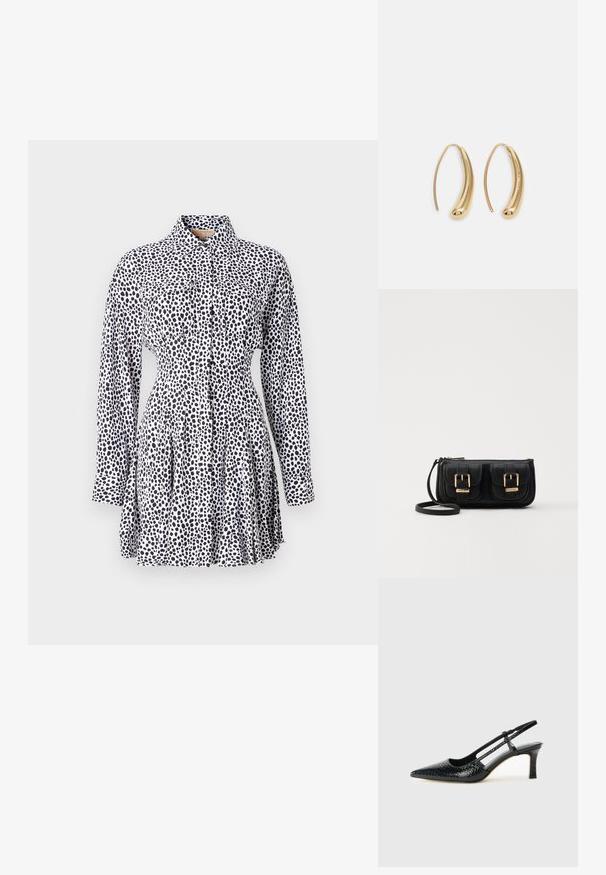 Abito button-up in tessuto bianco con un motivo a macchie nere, dotato di maniche lunghe, vita attillata e gonna plissettata.; Slingback con tacco in vernice nera con punta affusolata, caratterizzato da una stampa a serpente testurizzata, cinturino regolabile e un tacco corto e testurizzato.; Borsa a tracolla nera in pelle con due tasche frontali, fibbie dorate, chiusura con zip e una tracolla sottile. Superficie texturizzata e forma rettangolare compatta.; Orecchini a cerchio in metallo color oro con forma curva ed allungata. Presentano una superficie liscia e lucida e una punta arrotondata per un tocco di dettaglio in più.