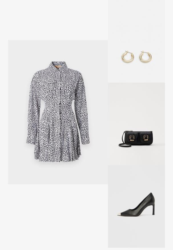 Knopfkleid aus weißem Stoff mit einem schwarzen Punkte-Muster, langärmlig, mit tailliertem Schnitt und Faltenrock.; Schwarzer Lederschuh mit hohem Absatz, spitz zulaufender Zehenpartie und metallischer silberner Spitze. Verfügt über eine glatte Oberfläche und einen schlanken 10 cm hohen Absatz.; Schwarze Leder-Umhängetasche mit zwei vorderen Taschen, goldenen Schnallen, Reißverschluss und einem schmalen Tragegurt. Texturierte Oberfläche und kompakte rechteckige Form.; Lauren Ralph Lauren BASIC SMALL HOOP - Ohrringe - gold-coloured
