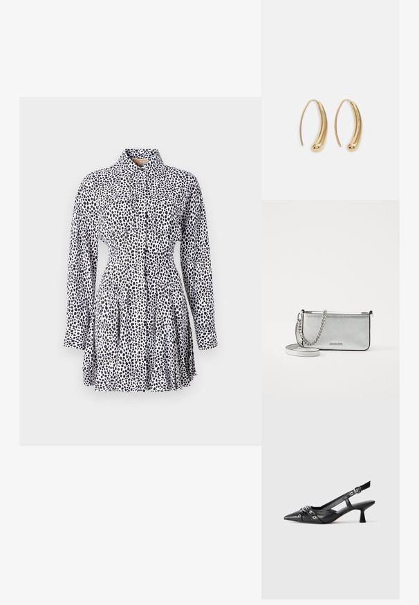 Vestido de botão em tecido branco com padrão de manchas pretas, apresentando mangas longas, cintura ajustada e saia plissada.; Sapato slingback em couro preto com biqueira fina, tiras decorativas com ilhós de metal e um pequeno salto quadrado. Superfície texturizada.; Bolsa crossbody de couro prateada com um acabamento texturizado, detalhes em corrente e alça, e fecho de zíper. Apresenta um logotipo na parte da frente.; Brincos em metal dourado com forma de arco alongado e curvado. Apresentam uma superfície lisa e brilhante, com uma ponta arredondada para um detalhe adicional.