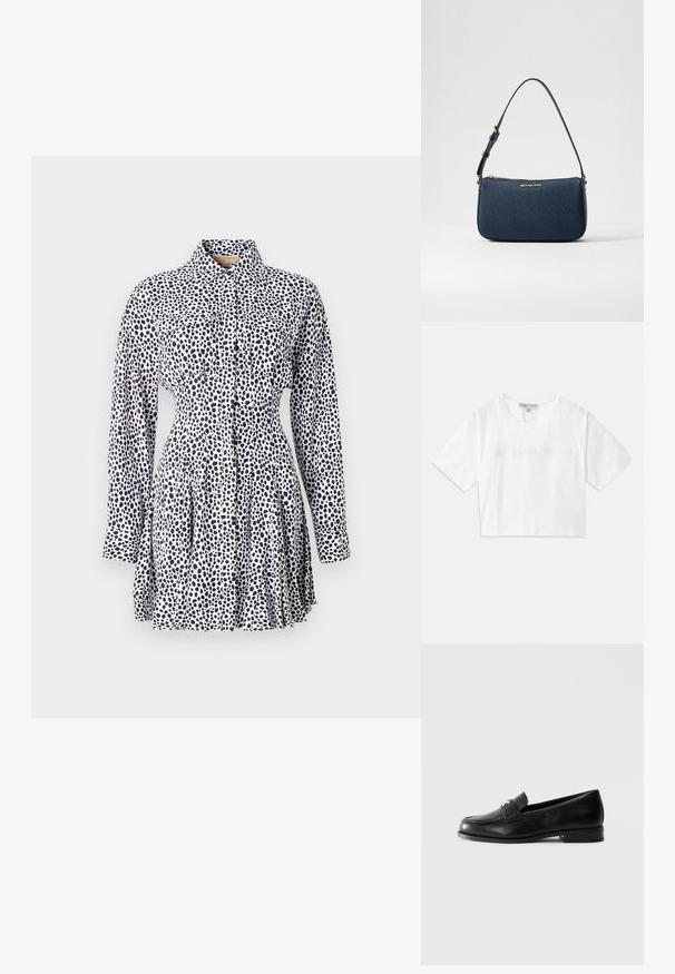 Vestido de botão em tecido branco com padrão de manchas pretas, apresentando mangas longas, cintura ajustada e saia plissada.; T-shirt branca cropped feita de algodão, com mangas curtas e o logótipo "MICHAEL KORS" em texto bordado correspondente na parte da frente.; Sapo de couro preto tipo loafer com salto baixo e emblema decorativo dourado na tira, exibido sobre um fundo cinza claro liso.; Bolsa de mão em sintético azul marinho com um logo em tom dourado, fecho zip, e alça de ombro ajustável, apresentando uma textura suave e formato retangular.