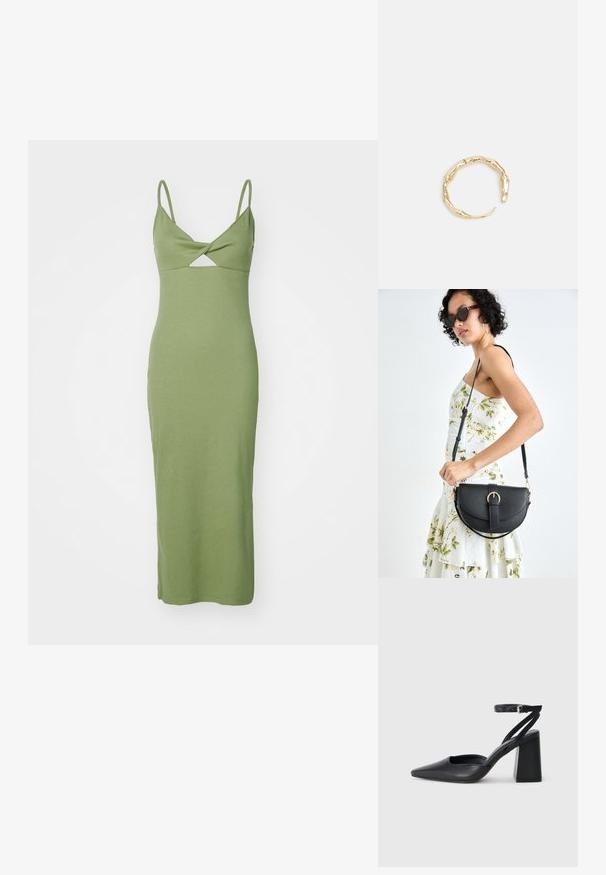 Žalia suknelė su į apačią prigludusia forma, pagaminta iš juostuotos medžiagos, su plonomis petnešėlėmis ir deimanto formos išpjova priekyje, siekianti vidurinį blauzdos ilgį.; Juoda odinė smailiagalė aukštakulnio bateliai su kulkšnies dirželiu ir storu kulnu. Lygus paviršius, elegantiškas dizainas ir minimalistiška estetinė. ; Juodas odinis krepšys su išlenkta forma, nuimamu dirželiu ir auksiniais detalėmis. Krepšys turi kilpą su sagtimi.; Auksinės spalvos žiedas, turintis organišką, sukimosi dizainą su lygiu paviršiumi ir siaurėjančiais galais, sukuriantis modernią skulptūrinę išvaizdą.