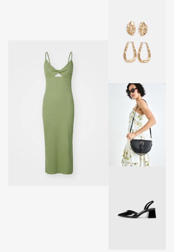 Zöld, testre simuló ruha bordás anyagból, vékony pántokkal és gyémánt alakú kivágással az elején, térd alatt középig érő hosszúsággal.; Fekete lakk bőr szandálkés magas sarkú cipő, hegyes orral és geometrikus tömbsarkakkal. Karcsú, minimalista dizájn és sima textúra jellemzi.; Fekete bőrtáska ívelt formával, levehető pánttal és arany színű fémrészekkel. A táskán egy csattal díszített fedél található.; Aranyszínű fülbevalók, texturált, hullámos formákkal. Tartalmazza a szobrászati klipszes studokat és az open hoop kialakítást, kalapácsos felülettel.