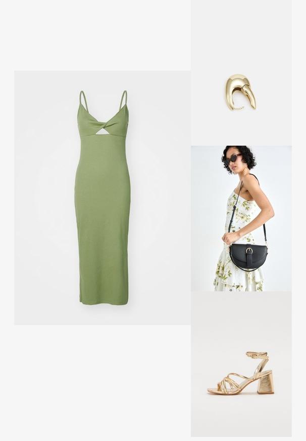 Žalia suknelė su į apačią prigludusia forma, pagaminta iš juostuotos medžiagos, su plonomis petnešėlėmis ir deimanto formos išpjova priekyje, siekianti vidurinį blauzdos ilgį.; Auksinės metalinės kulniuko šlepetės su juostelėmis, kvadratiniu blokiniu kulnu ir reguliuojamu kulkšnies dirželiu su sagtimi. Lygi tekstūra.; Juodas odinis krepšys su išlenkta forma, nuimamu dirželiu ir auksiniais detalėmis. Krepšys turi kilpą su sagtimi.; Aukso tono metalinės auskarai su stilingu, kreiviu dizainu. Išsiskiria ryškiu smailiu pavidalu, poliruota paviršiumi ir užsegimu su vyriu.