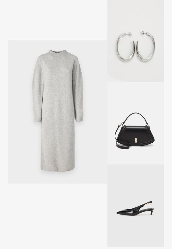 Rochie tricotată gri, cu mâneci lungi, guler înalt, croială dreaptă și manșete cu model, având o textură moale și un design minimalist.; Sandale slingback din piele neagră cu vârf ascuțit, având un toc subțire și un accent de culoare aurie pe curea ajustabilă. Textură netedă.; Geantă de umăr din piele neagră, cu un design structurat, având o formă tăiată, mânere superioare și accente din aur. Include o curea de umăr ajustabilă.; Cercei din argint, cu un design neted și curbat. Prezintă o finisare metalică strălucitoare și închidere cu stud. Fără modele sau accente vizibile.