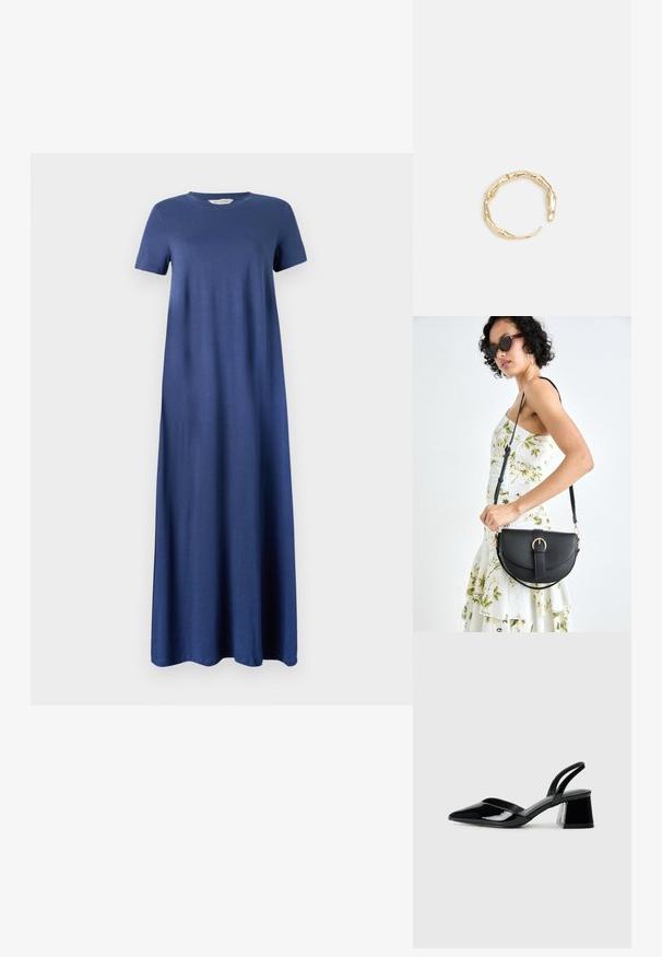 Granatowa sukienka maxi z miękkiego materiału, z krótkimi rękawami i okrągłym dekoltem, o prostej, swobodnej konstrukcji. Bez widocznych wzorów lub akcentów.; Czarne lakierowane półbuty na obcasie z wydłużonym noskiem i geometrycznym słupkiem. Charakteryzują się eleganckim, minimalistycznym designem oraz gładką fakturą.; Czarna skórzana torebka o zakrzywionym kształcie, z odpinanym paskiem i złotymi akcentami. Torebka posiada klapę z zapięciem w kształcie klamry.; Pierścionek w odcieniu złota z organicznym, skręconym wzorem, o gładkiej fakturze i zwężających się końcach, tworzący nowoczesny, rzeźbiarski wygląd.