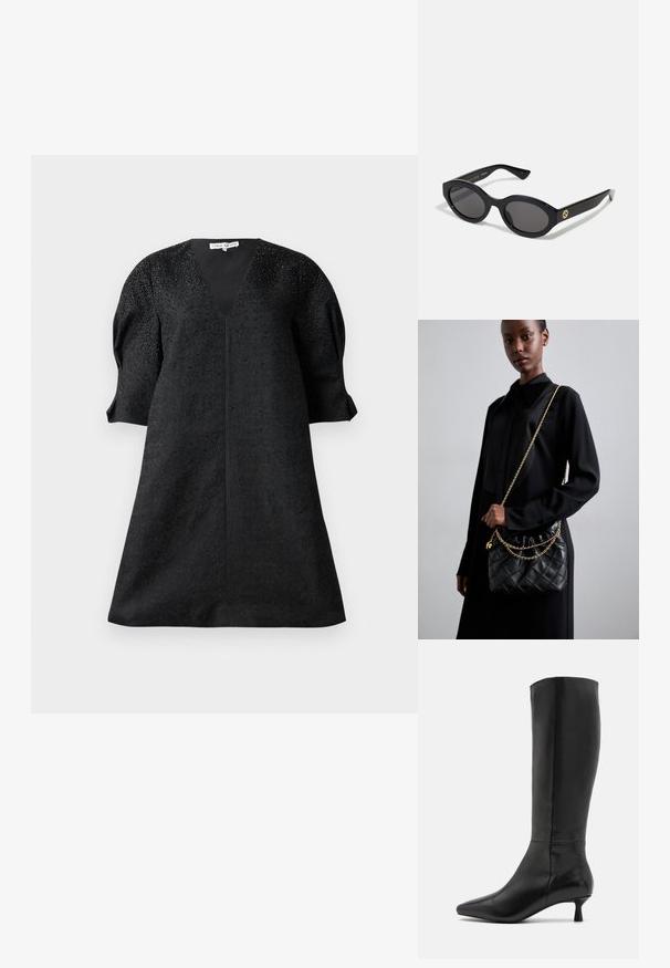 Melns kleita ar V veida dekoltē, īsām pūkainām piedurknēm un teksturētu audumu, kas rotāts ar maziem akcentiem.; Zign Zābaki - black; Melnas ovālās saulesbrilles ar tumšiem stikliem un spīdīgu plastmasas rāmi. Iezīmētas ar zelta logo uz tempļa, nodrošinot elegantu un modernu dizainu.; Melna kvadrātveida ādas rokassomiņa ar salocītu augšu, zelta ķēdes siksnu un taisnstūra formu, turēta pret vienkāršu fona.
