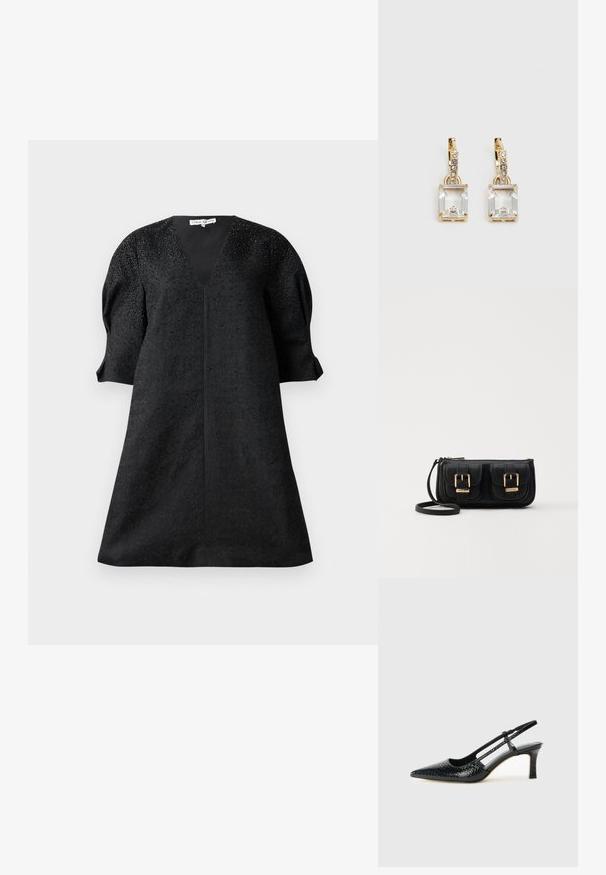 Must mustikle, V-dekoltee, lühikeste puhvärvidega ja tekstuuriga kangas, mis sisaldab väikeseid dekoratiivnüansse.; Mustmust paelad, millel on terav varvas, tekstuuriga maduprindiga, reguleeritav rihm ja lühike tekstuuriga plokknina.; Must küllastamata nahast õlakott, millel on kaks esist nähtavat taskut, kuldsed pandlad, tõmblukuga sulgemine ja peen rihm. Tekstuuriga pind ja kompaktne ristkülikukujuline kuju.; Kuldtooni kõrvarõngad, millel on ristkülikukujuline, selge kristall, mis ripub allapoole väikeste ümmarguste selgete aktsentide rida. Viimistletud, kaasaegne disain.