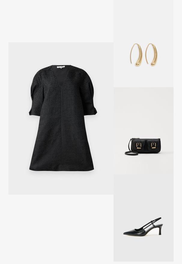 Fekete ruha V kivágással, rövid puffos ujjakkal és texturált anyaggal, melyet apró díszítések tesznek részletessé.; Fekete lakk slingback sarok, hegyes orral, texturált kígyómintával, állítható pánttal és rövid, texturált tömbsarkal.; Fekete bőr keresztbody táska két elülső zsebbel, arany csattokkal, cipzáras záródással és vékony pánttal. Textúrált felület és kompakt téglalap alak.; Aranyszínű fémből készült karika fülbevalók ívelt, hosszúkás formával. Simaságával és fényes felületével, valamint lekerekített végével további részletekkel bővül.