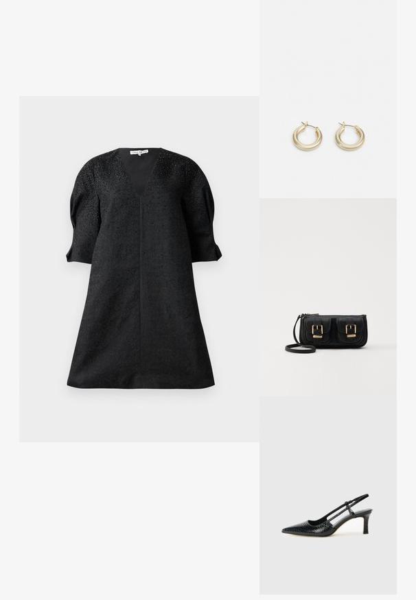 Černé šaty s V výstřihem, krátkými nabíranými rukávy a strukturovanou tkaninou s drobnými ozdobami pro detail.; Černé lakované slingback podpatky s špičatou špičkou, zdobené texturovaným hadím vzorem, nastavovacím páskem a krátkým texturovaným blokovým podpatkem.; Černá kožená crossbody taška se dvěma předními kapsami, zlatými přezkami, zipovým uzávěrem a štíhlým popruhem. Texturovaný povrch a kompaktní obdélníkový tvar.; Lauren Ralph Lauren BASIC SMALL HOOP - Náušnice - gold-coloured