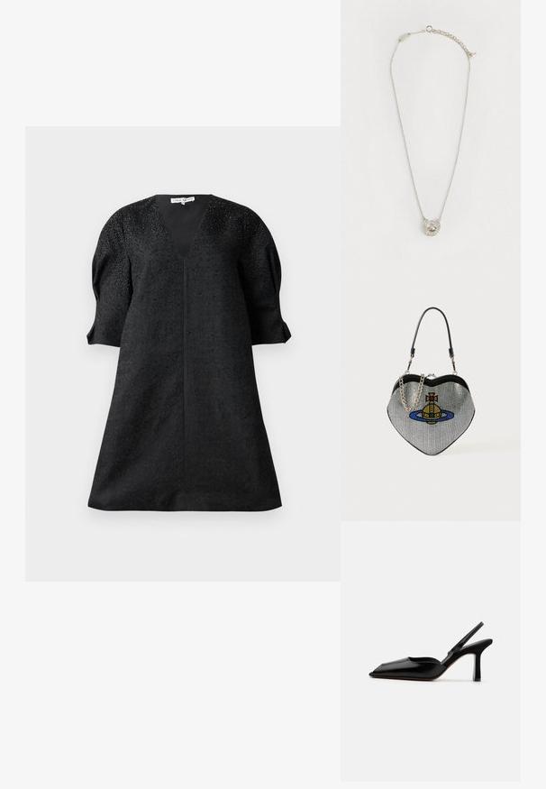 Čierne šaty s výstrihom do V, krátkymi pufovanými rukávmi a textúrovanou tkaninou s malými ozdobami pre detail.; Čierne kožené sandále na podpätku s špicatou špičkou, minimalistický dizajn, tenký remienok okolo členka a elegantný stiletto podpätok. Hladká textúra.; Taška v tvare srdca vyrobená z mriežkového materiálu s kovovým vzhľadom, so vzorom mačky a planéty v modrej, žltej a červenej farbe. Obsahuje reťazový popruh.; Jemný strieborný náhrdelník s príveskom v tvare podkovy osadeným malými kryštálmi a malým centrálnym dekoratívnym prvkom.
