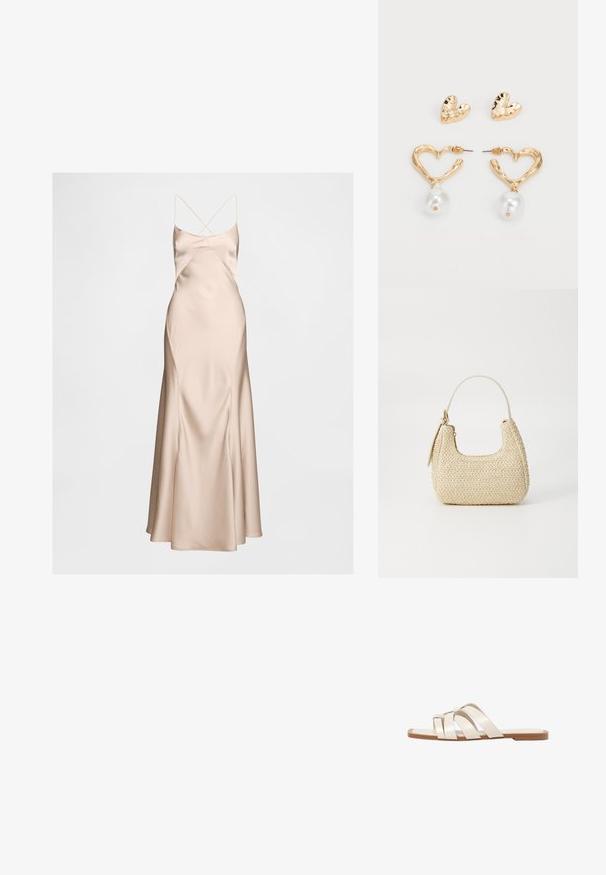 Satiininen liukuva mekko nudenvärisenä, jossa on istuvat yläosa ja levenevä helma. Sisältää ohuet, ristikkäin menevät hihnat ja sileän, kiiltävän pinnan.; Tason vaaleanruskealla kumipohjalla, jossa on kolme päällekkäistä valkoista nahkaremmiä ja pieni satiininen rusetti keskellä.; Kudottu olkilaukku vaaleanbeigessä, kaarevassa muodossa, lyhyellä hihnalla ja sivuvetoketjulla. Ominaisuuksiin kuuluu teksturoidumpaa pintaa ja minimalistinen muotoilu.; Kultaiset sydämenmuotoiset korvakorut, joissa on teksturoitu pinta ja roikkuva helmikoriste. Mukana on myös yhteensopivat sydänkorvakuulokkeet.