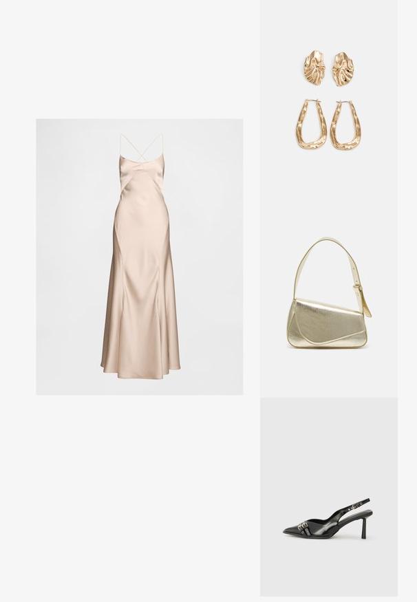 Satiininen liukuva mekko nudenvärisenä, jossa on istuvat yläosa ja levenevä helma. Sisältää ohuet, ristikkäin menevät hihnat ja sileän, kiiltävän pinnan.; Musta patenttinen nahkainen slingback-kengät, joissa on terävä nenä, nilkkahihnat hopeisilla soljilla ja varusteilla sekä hoikka korko.; Kultainen metallinen käsilaukku, jossa on jämäkkä muotoilu, sileä pinta ja säädettävä olkahihna. Sisältää ainutlaatuisen kolmiomaisen muodon ja minimalistisen tikkaustyylin.; Korukultainen korvakorut, joissa on teksturoituja, aaltoilevia muotoja. Mukana on veistokselliset klipsikorvakorut ja avoin rengasmalli, jossa on vasaroitu pinta.