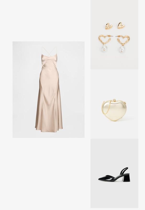 Satin svilena obleka v nude barvi z oprijetim telesom in razširjenim robom. Ima tanke, križane naramnice in gladko, sijočo teksturo.; Črne lakirane slingback pete s koničastim nosom in geometrijsko blokasto peto. Imajo eleganten, minimalističen dizajn in gladko teksturo.; Zlato metalno torbico v obliki srca z verižnim ročajem in detajlom v bisernem zapiranju. Gladka tekstura, kompakten dizajn za majhne potrebščine.; Zlato obarvane uhane v obliki srca z teksturirano površino, ki vsebujejo viseči akcent bisera. Zajema tudi uhančke v obliki srca.